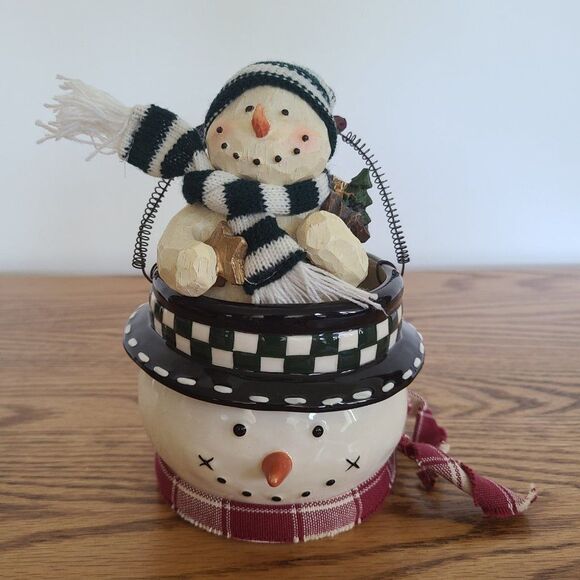Vintage Wood-Look Snowman Figurine & Ceramic Snowman Bucket Pail Snowman Lot - Picture 16 of 16